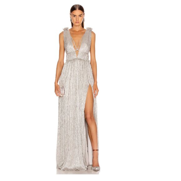 Jonathan Simkhai Plisse Lame Maxi Dress in Champagne Size XS